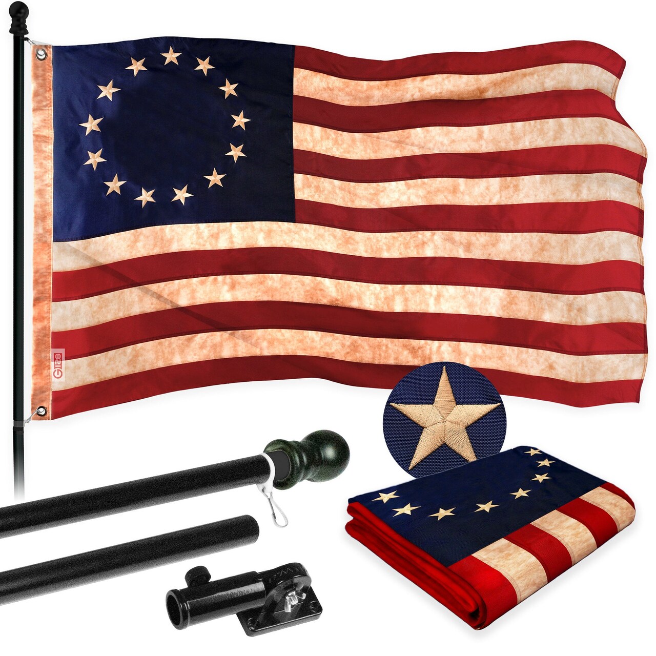 G128 Combo Pack: 5 Ft Tangle Free Aluminum Spinning Flagpole (Black) & Betsy Ross Tea-Stained Flag 2x3 Ft, ToughWeave Pro Series Embroidered 420D Polyester | Pole with Flag Included